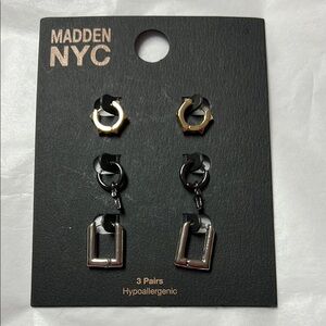 NWT Madden NYC Black and Gold Earring Set